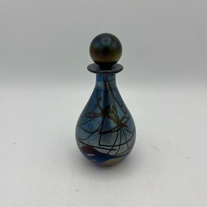 Vtg Shetland Iridescent Blue Perfume Bottle Red Wave ,Blown Art Glass Signature